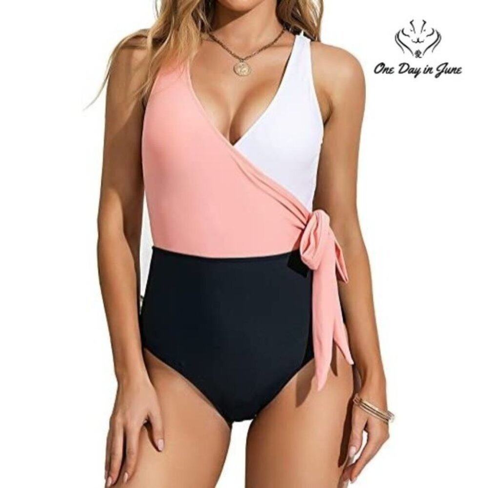 Felnart V Neck Color Block Wrap One Piece Swimsuit Size M